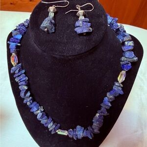 Lapis Blue Stone Necklace and Earring Set w Chrystal accents